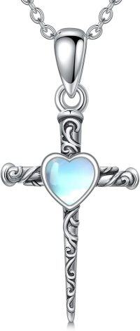 wholesale 925 Sterling Silver Heart-Shaped Moonstone Cross Pendant Necklace for Women Gifts-Three Nails Cross