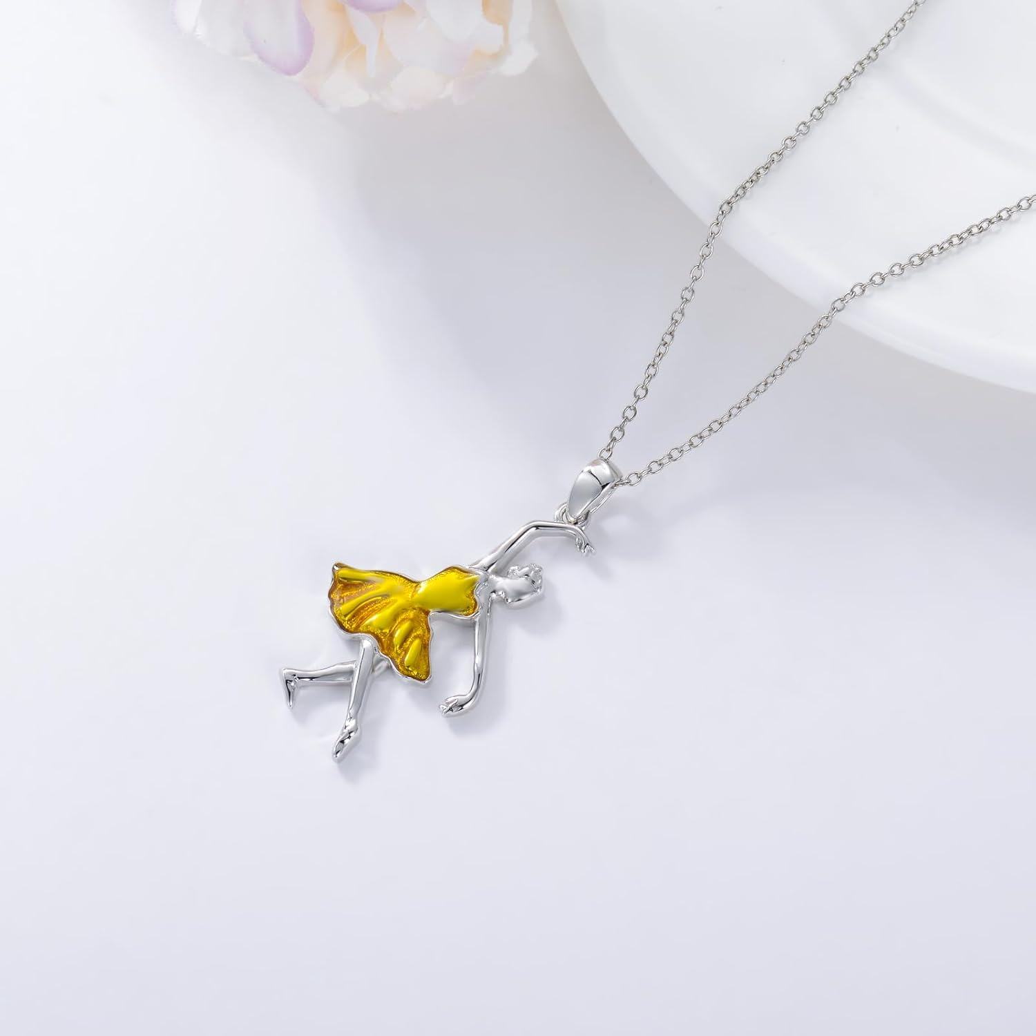 925 Sterling Silver Yellow Enamel Ballet Dancer Pendant Necklaceèèåå é¡¹é¾å¥³ç¤¼ç©å£è¯èé¥°å-0-2