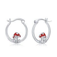 wholesale 925 Sterling Silver Red Enamel Mushroom Huggie Hoop Earrings-Mushroom