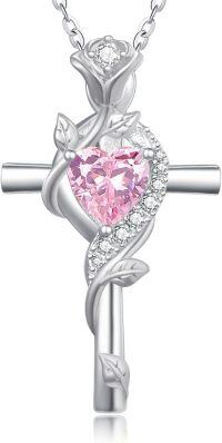 wholesale Sterling Silver Rose Cross Pendant Necklace for Women-White Gold-10-Tourmaline-White Gold-10-Tourmaline