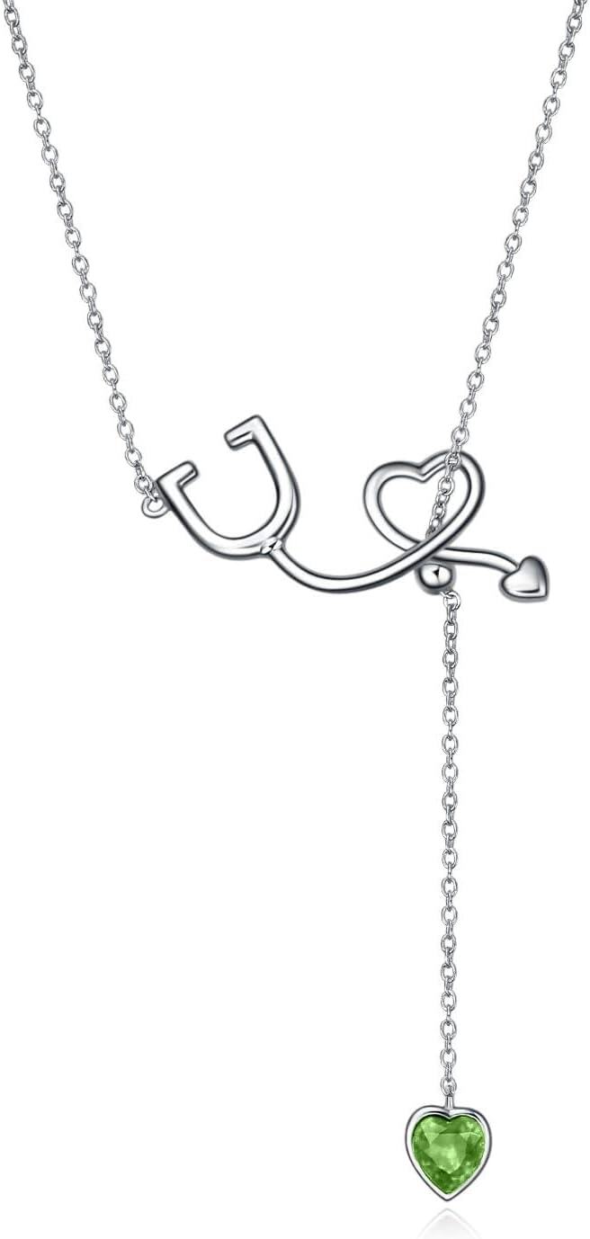 Sterling Silver Crystal Austria Stethoscope Lariat Necklace Nurse Gift 22 -08-Peridot Green