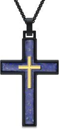 wholesale 925 Sterling Silver Mens Black Gold Cross Necklace w/ Blue Stone Pendant-0-0