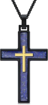 wholesale 925 Sterling Silver Mens Black Gold Cross Necklace w/ Blue Stone Pendant-2-Lapis Lazuli