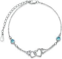 wholesale Sterling Silver Cubic Zirconia Double Heart Chain Jewelry for Women-Bracelet 7''-9''-12 Dec - Blue Zircon-White Gold