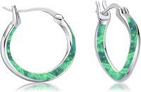 wholesale Sterling Silver Opal Hoop Earrings for Women Blue White Black Green Pink Orange Hypoallergenic Huggie Cartilage Mother s Day Jewelry-Green Opal