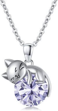 wholesale 925 Sterling Silver Cat Mom Baby Sleeping With Yellow Crystal Pendant Necklace-June