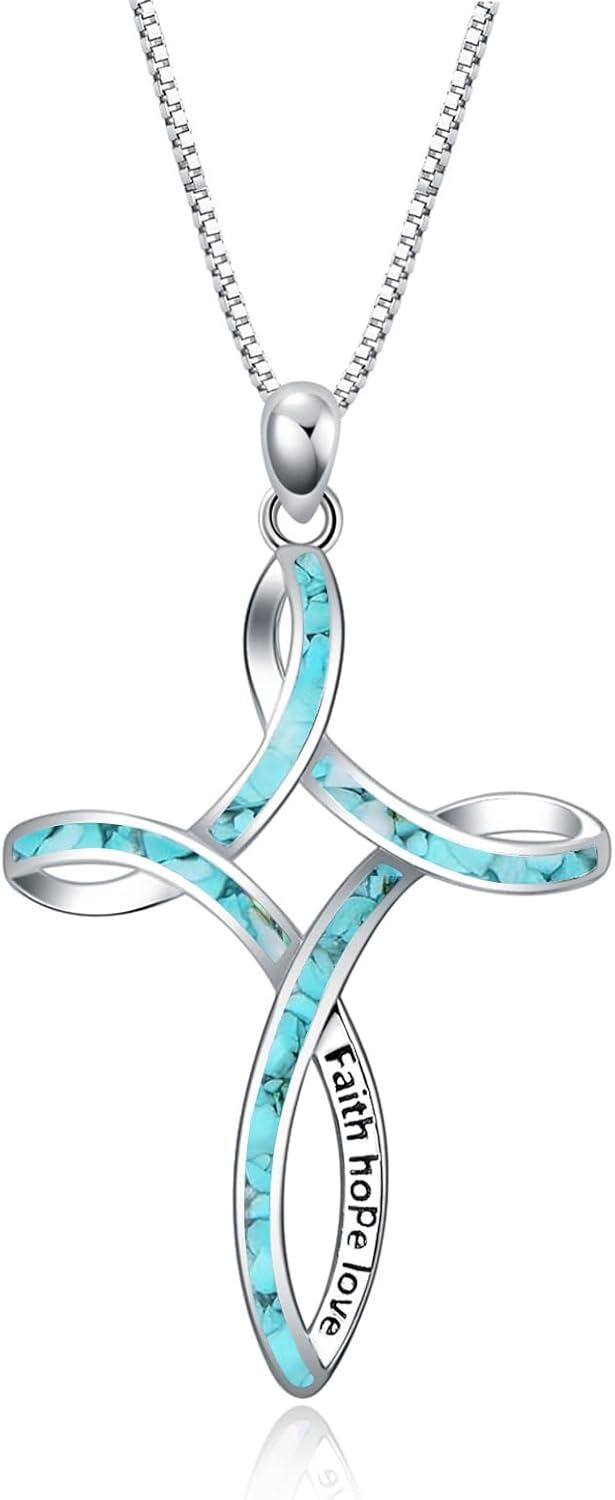 wholesale 925 Sterling Silver Turquoise and White Opal Celtic Cross Pendant Necklace for Women-0-0
