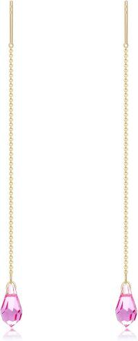 wholesale 14K Gold Crystal Teardrop Threader Dangle Earrings for Women-Pink Crystal