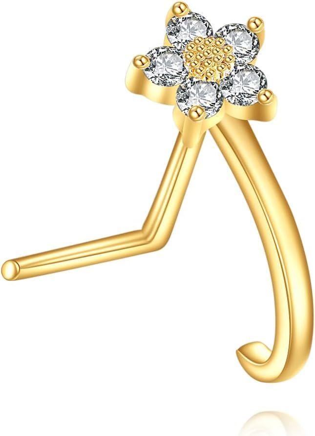 14K Gold Stone Daisy Butterfly Nose Ring Stud 20G Women s Jewelry Gift-0-0