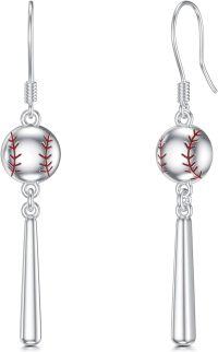 wholesale 925 Sterling Silver Baseball Drop Earrings with Red Stitching and Long Bar Pendant-Baseball