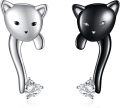 wholesale 925 Sterling Silver Cat Face Heart Stud Earrings for Women Girls Black White Gold Plated  3 Colors Available-0-0