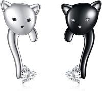 wholesale 925 Sterling Silver Cat Face Heart Stud Earrings for Women Girls Black White Gold Plated  3 Colors Available-Cat Stud Earrings