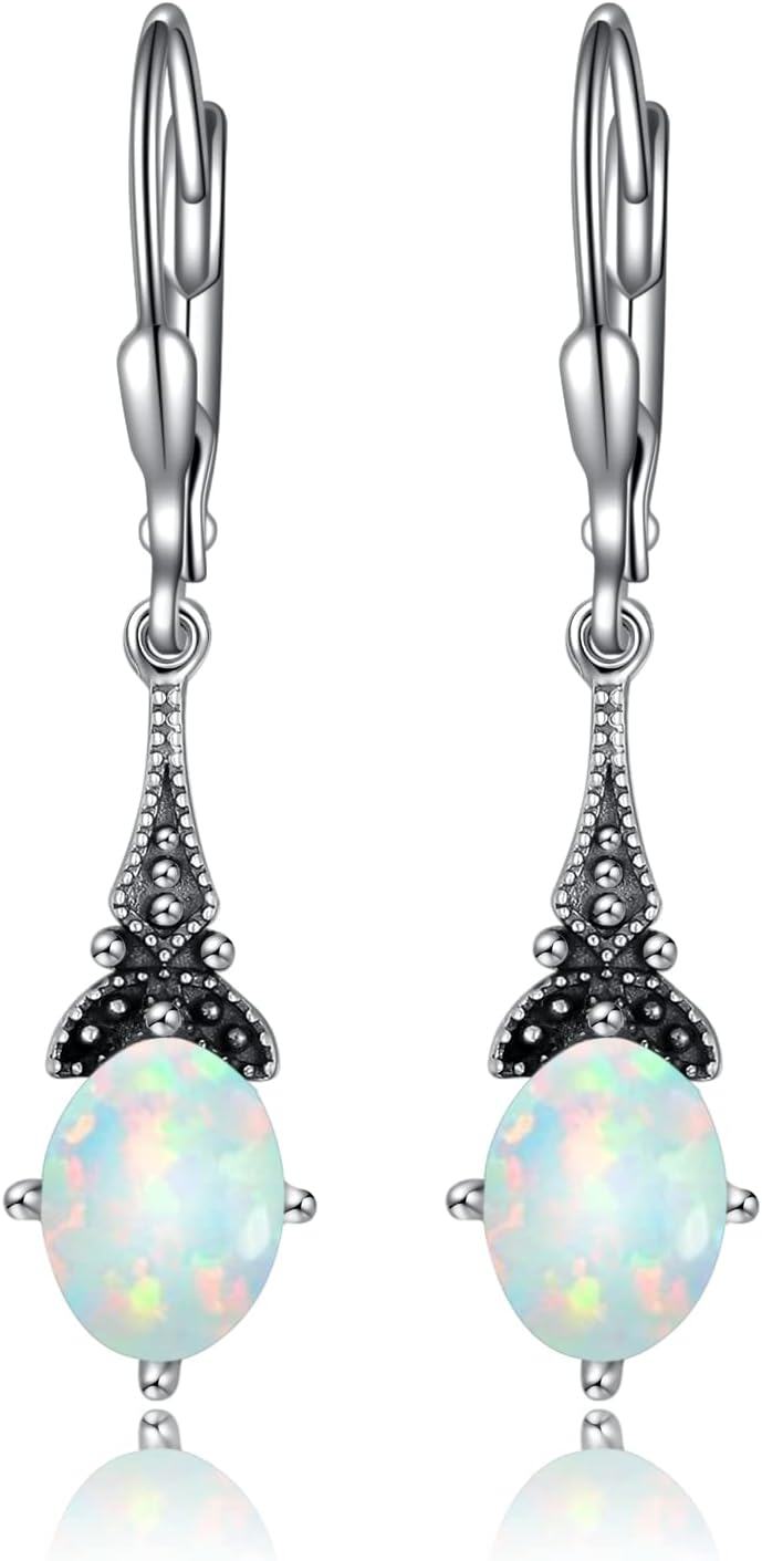 Sterling Silver Austrian Crystal Vintage Drop Dangle Leverback Earrings-Created White Opal