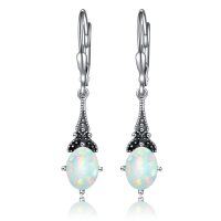wholesale 925 Sterling Silver Blue Topaz Oval Cut Vintage Style Leverback Earrings-Created White Opal