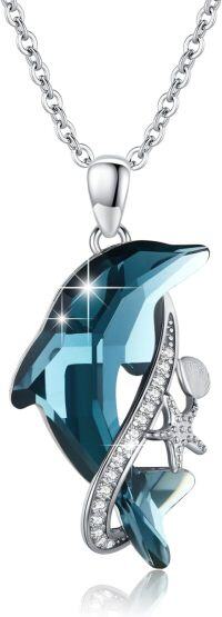 wholesale 925 Sterling Silver Blue Crystal Dolphin & Starfish Pendant Necklace for Women-Starfish dolphin necklace