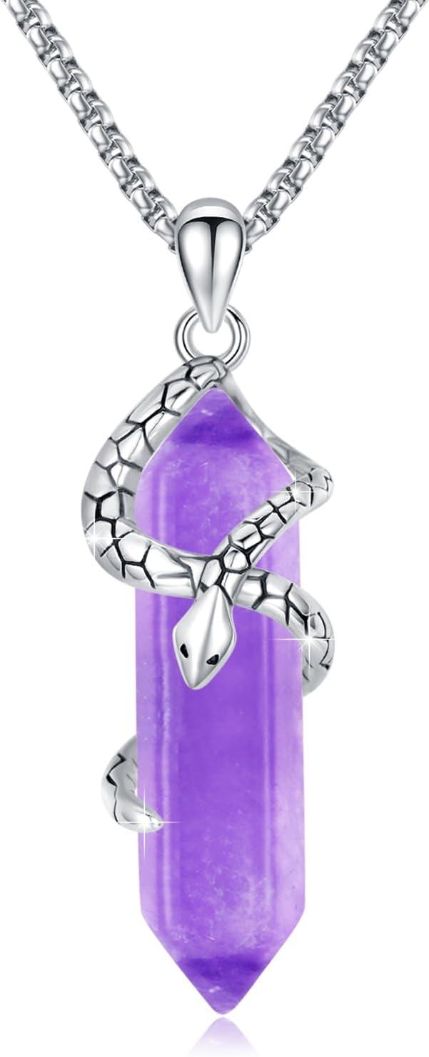  Sterling Silver Pink Hexagonal Quartz Snake Crystal Necklace -0-0