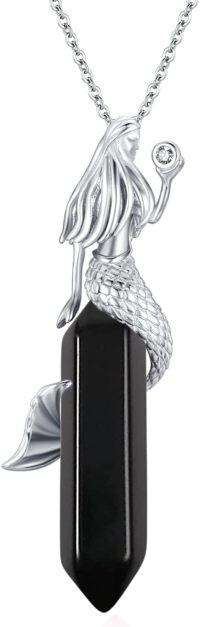 wholesale 925 Sterling Silver Black Onyx Mermaid Pendant Necklace Sea Life s for Her-10- Obsidian Mermaid
