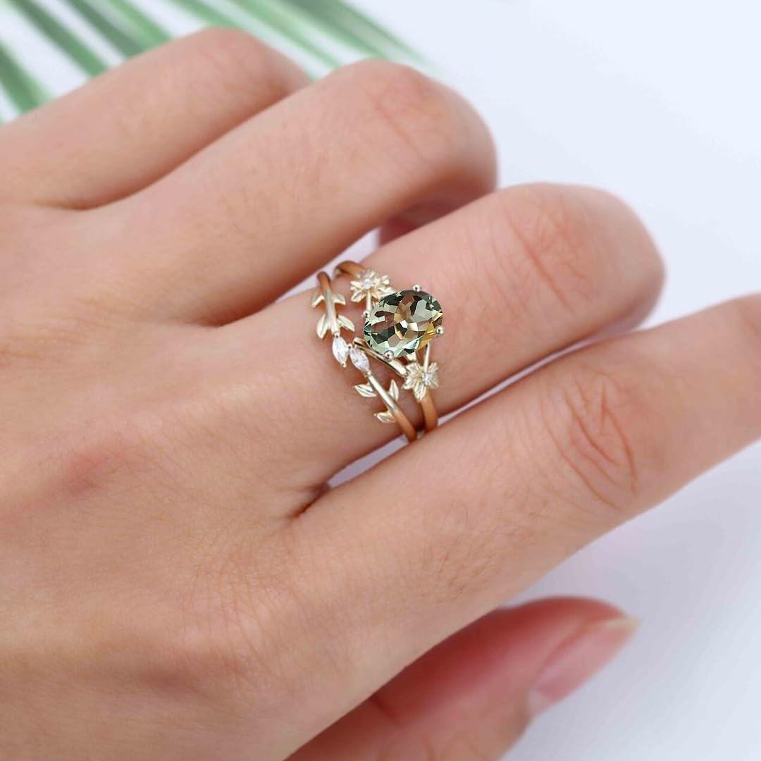 14K Solid Gold Oval Gemstone Vintage Vine Bridal Ring Set-0-3