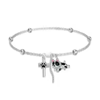wholesale 925 Sterling Silver French Bulldog Charm Bracelet Wholesale with Cross and Paw Print Pendant for Women Girls  7-8 Adjustable Chain Length-French Bulldog