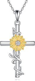 wholesale 925 Sterling Silver Cross with Yellow Gold Plated Sunflower and Cubic Zirconia Pendant Necklace for Women-0-0