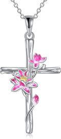 wholesale 925 Sterling Silver Pink Lotus Flower Cross Pendant Necklace for Women-0-0