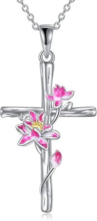 wholesale 925 Sterling Silver Pink Lotus Flower Cross Pendant Necklace for Women-Lotus cross necklace-July Birth Flower