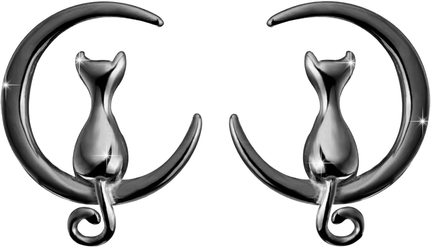 wholesale Sterling Silver Gold Cat Moon Stud Earrings Black Silver Animal Jewelry Gifts-all black