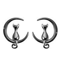 wholesale 925 Sterling Silver Cat and Crescent Moon Stud Earrings for Women-all black