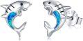 wholesale 925 Sterling Silver Shark Stud Earrings with Blue Opal Stone for Women and Girls Animal  Ideas-0-0