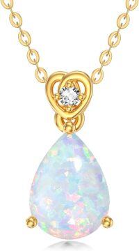 wholesale 14K Gold Diamond (I2 I3) 2Ct Teardrop Birthstone Necklace for Women-Created Opal
