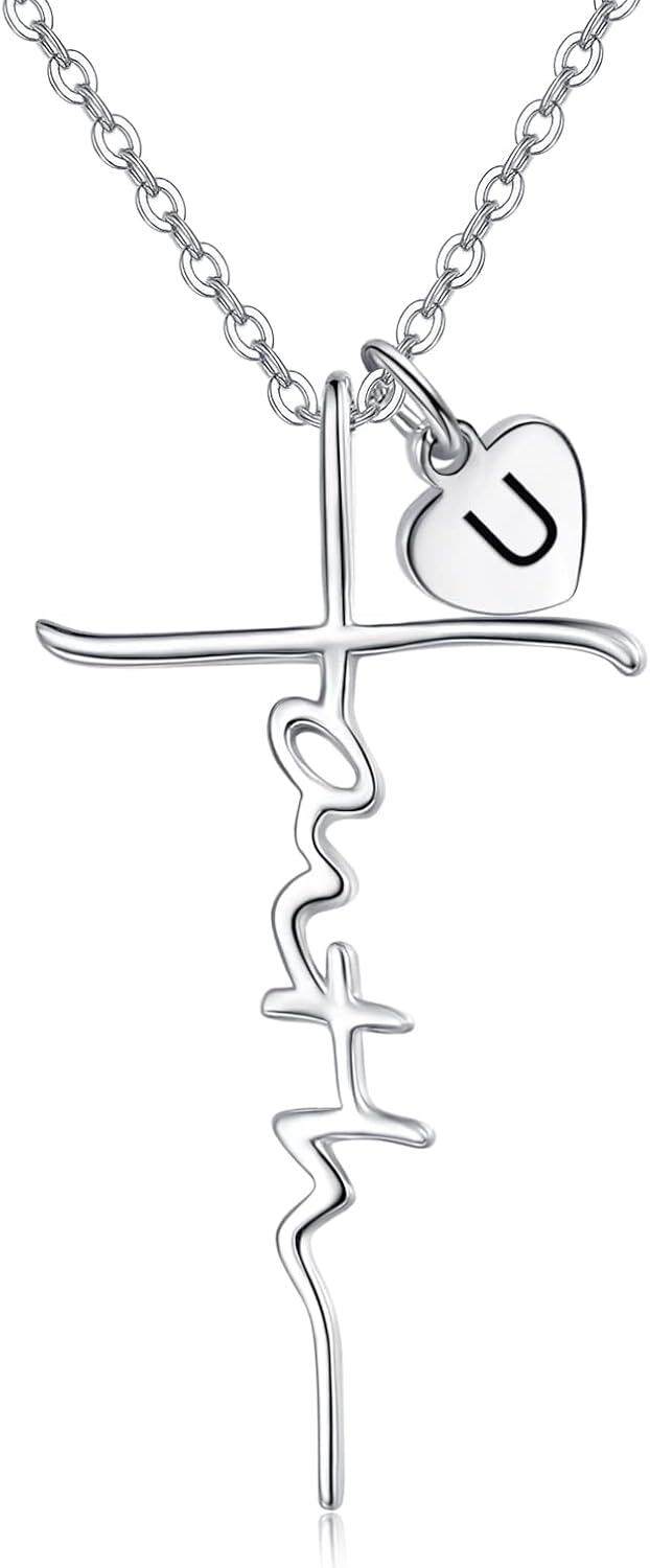 Sterling Silver Birthstone Faith Cross Pendant Necklace for Women-U-U