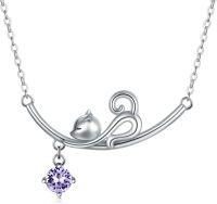 wholesale Sterling Silver Austrian Crystal Cat Kitten Pendant Necklace Birthstone Gift-Violet Purple