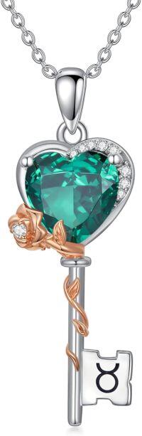 wholesale  Sterling Silver Birthstone Zodiac Necklace for Women Rose Flower Key Pendant Wife Gift -5-Taurus (4\/20~5\/20)