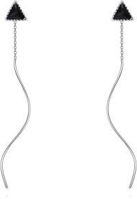 wholesale 925 Sterling Silver Triangle Black Stone Threader Dangle Drop Earrings for Women-Black Triangle