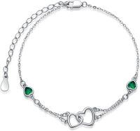 wholesale Sterling Silver Cubic Zirconia Double Heart Chain Jewelry for Women-05 May - Emerald-White Gold-Anklet 9''-11''