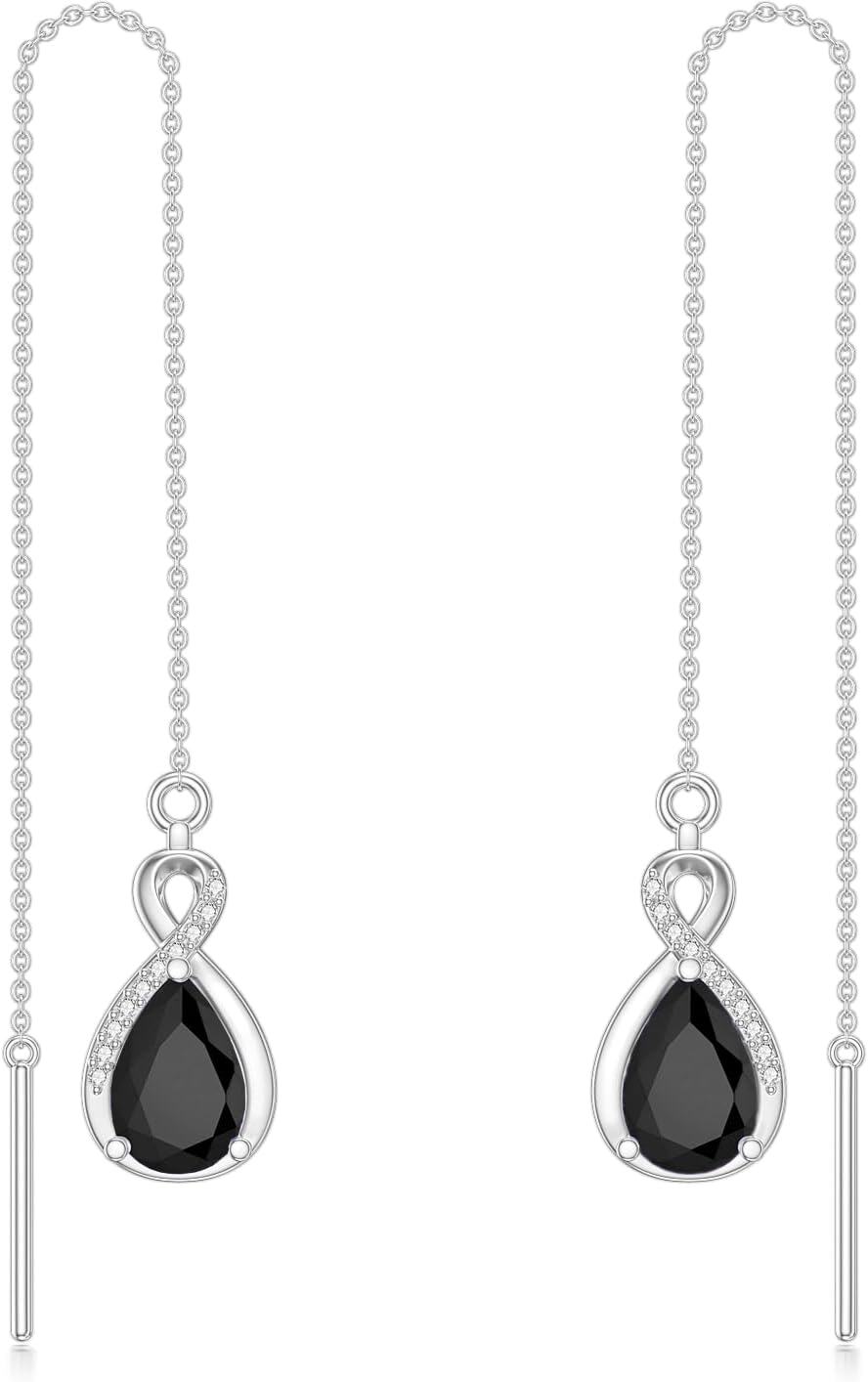 Sterling Silver 12 Birthstone Infinity Threader Drop Earrings for Women-0-Black Crystal