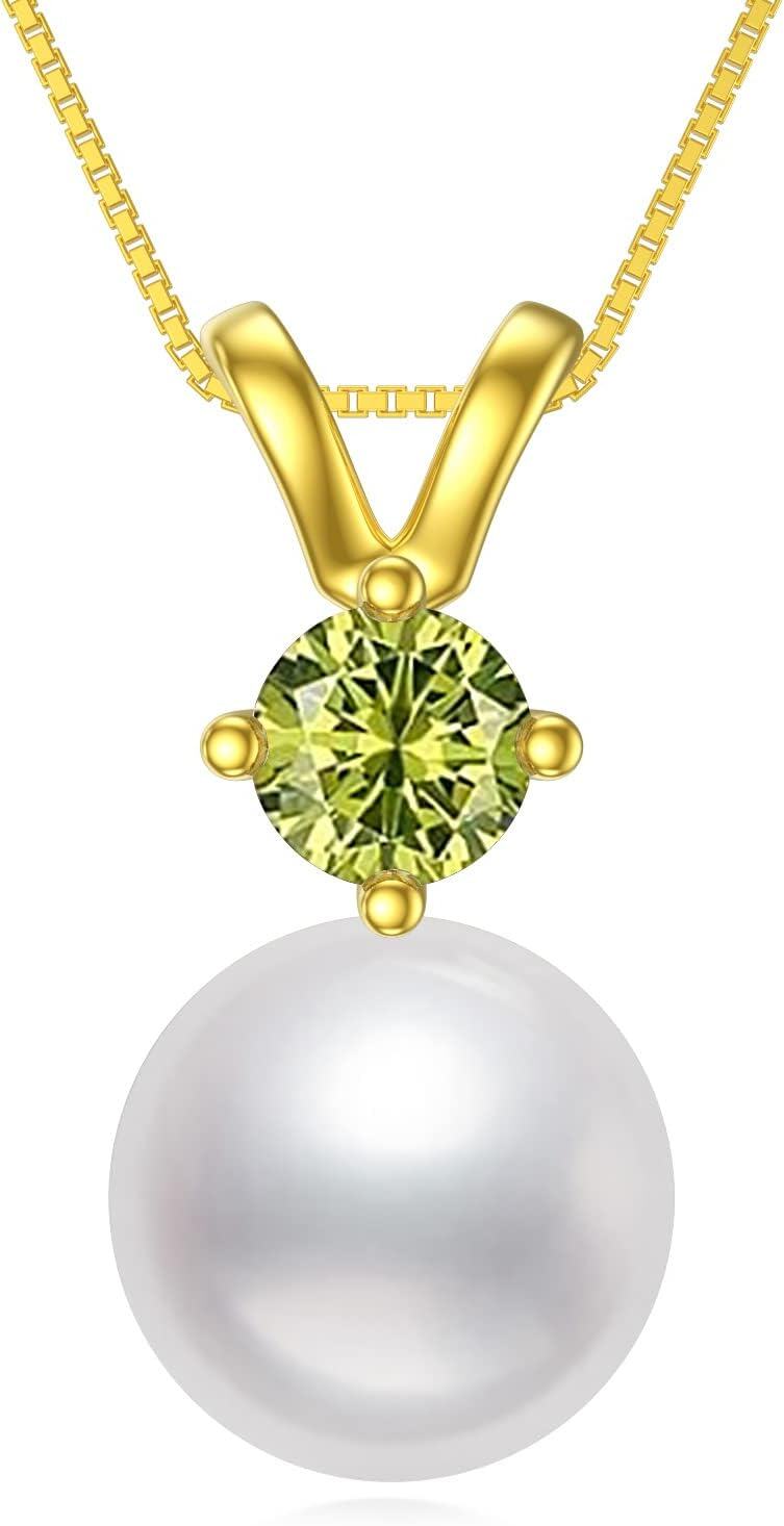  Sterling Silver Gold Plated Pearl Birthstone Necklace for Women -8-Aug-Peridot