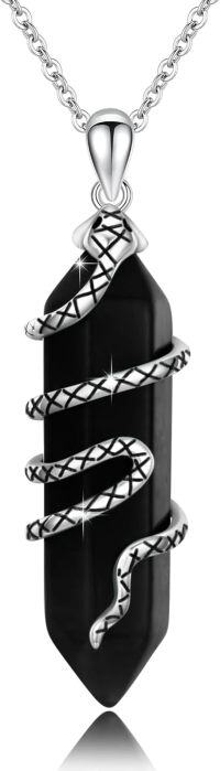 wholesale 925 Sterling Silver Black Onyx Stone Snake Tail Wrap Pendant Necklace for Women-Black