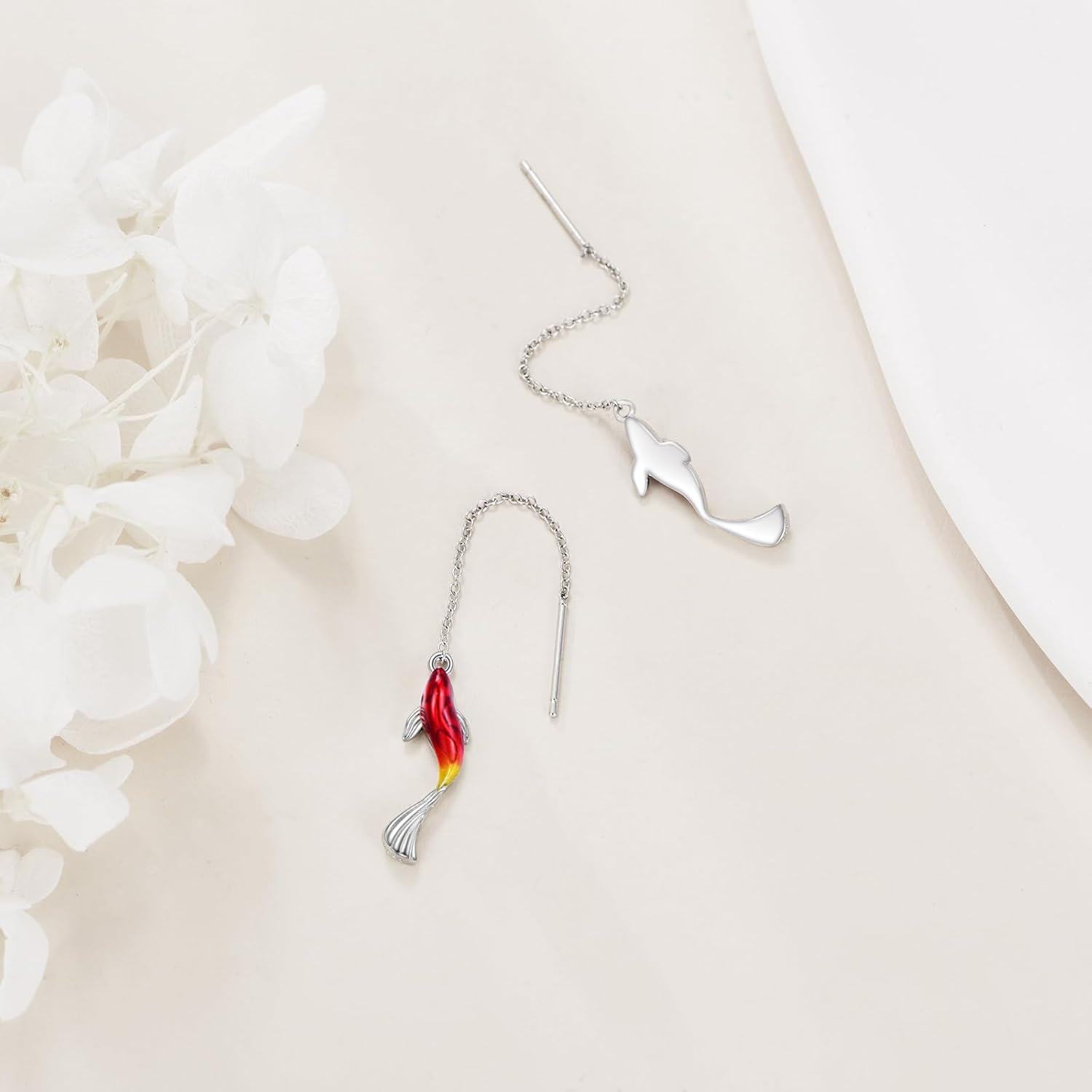 925 Sterling Silver Red Fish Drop Threader Earrings for Women and Girls-0-3