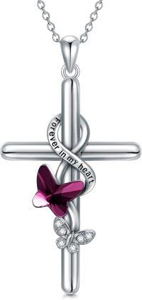 wholesale  Sterling Silver Stone Cross Necklace for Women I Love You Religious Jewelry Gift for Mother Daughter -Butterly-Purple