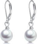 wholesale 925 Sterling Silver White Round Freshwater Cultured Pearl Leverback Drop Earrings for Women-0-0