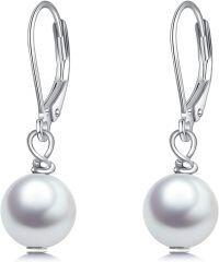 wholesale 925 Sterling Silver White Round Freshwater Cultured Pearl Leverback Drop Earrings for Women-Leverback Earrings-White Gold