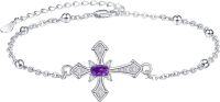 wholesale 925 Sterling Silver Purple Stone Cross Charm Bracelet - Religious Gifts for Her-Purple
