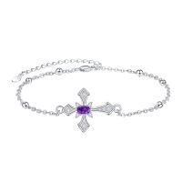 wholesale 925 Sterling Silver Purple Stone Cross Charm Bracelet - Religious Gifts for Her-Purple