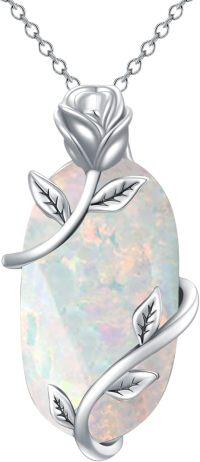 wholesale Sterling Silver Rose Flower Necklace with Gemstone Dainty Pendant Jewelry for Women Mom Mother s Day Birthday Gift-Opal
