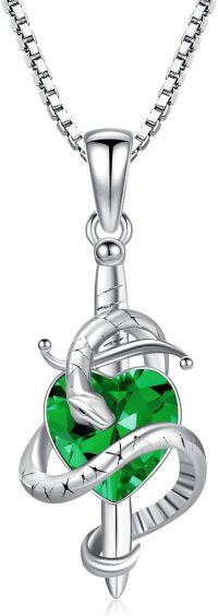wholesale 925 Sterling Silver Birthstone Snake Sword Pendant Necklace for Women-925 Silver#05-May-Emerald