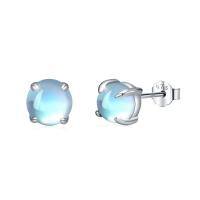wholesale 925 Sterling Silver Round Blue Moonstone Stud Earrings For Women-A-Silver 4.0 Millimeters