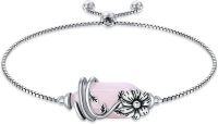 wholesale 925 Sterling Silver Pink Quartz Crystal Adjustable Bangle with Floral Charm and Heart Pendant - Birthday s for Her-Cosmos