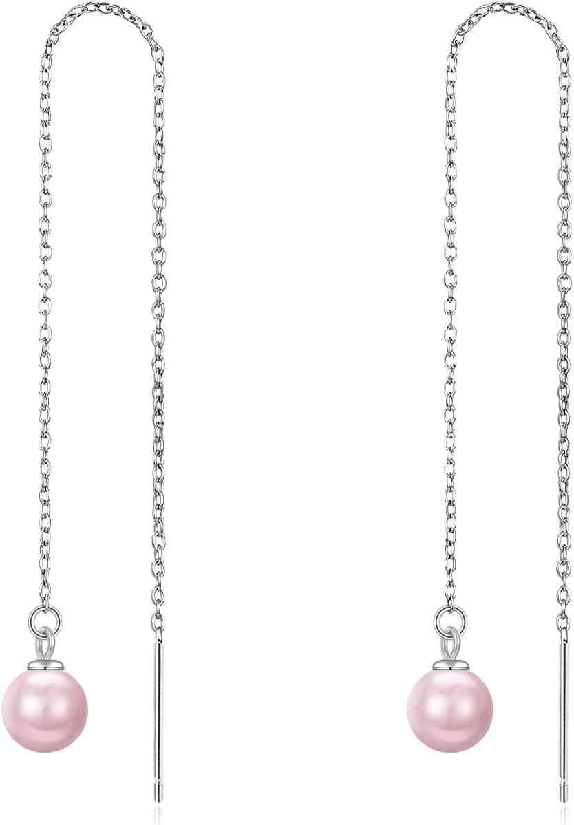 925 Sterling Silver Pink Pearl Threader Earrings with Chain and Bar Design-0-0