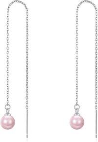 wholesale Sterling Silver Pearl Threader Earrings Long Tassel Drop Dangle-Pink pearl threader earrings